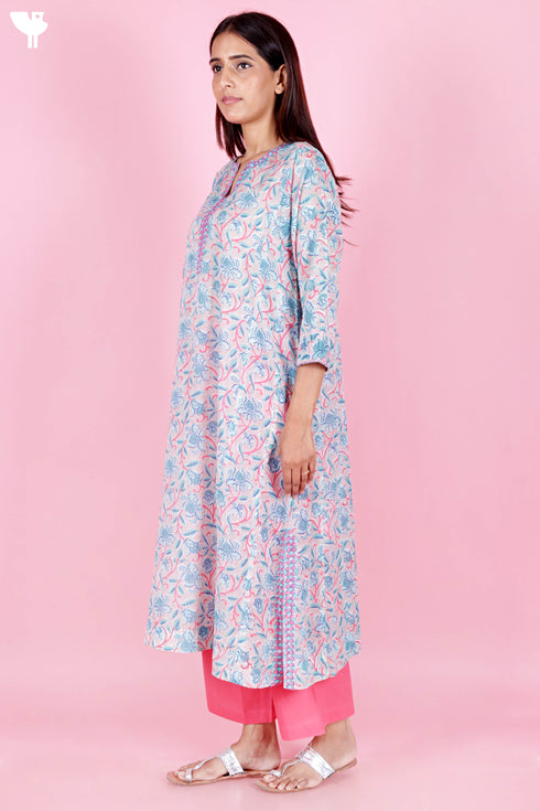 Mulmul Cotton Kurta Pant Set With Dupatta In Block Print